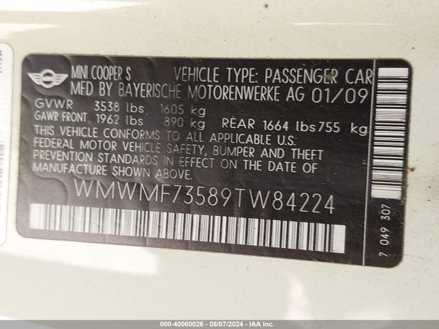 2009 MINI COOPER S WMWMF73589TW84224 Photo 8