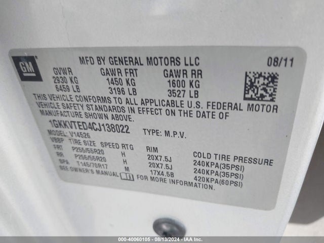 Aukcja sprzedaży 2012 Gmc Acadia Denali, vin: 1GKKVTED4CJ138022, numer aukcji: 40060105