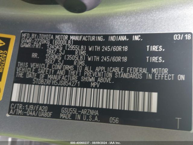 5TDBZRFH5JS854271 Toyota Highlander Le Plus
