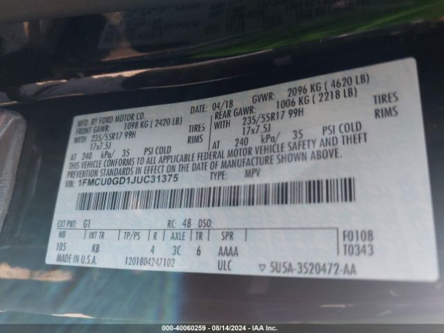 1FMCU0GD1JUC31375 Ford ESCAPE SE