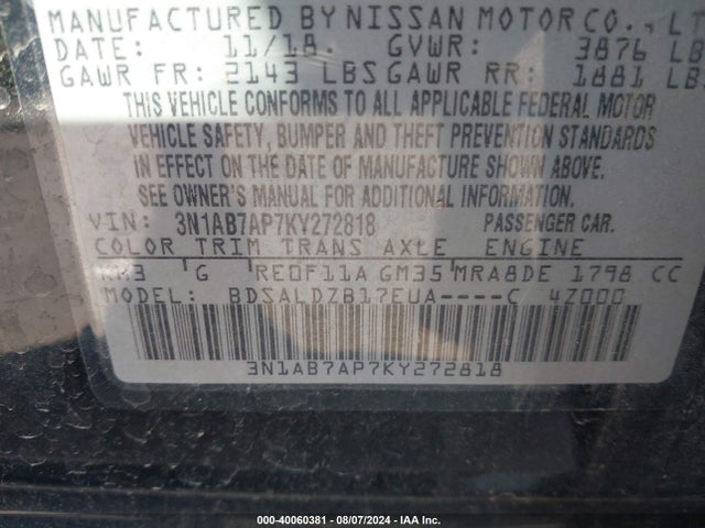 Nissan SENTRA SV 2019 3N1AB7AP7KY272818 Image 9
