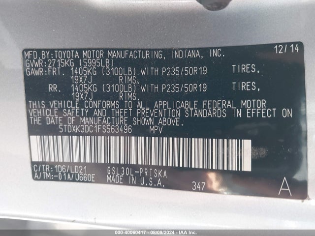 5TDXK3DC1FS563496 Toyota Sienna Se Premium 8 Passenger