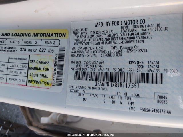 Ford FUSION SE 2018 3FA6P0H78JR117551 Image 9
