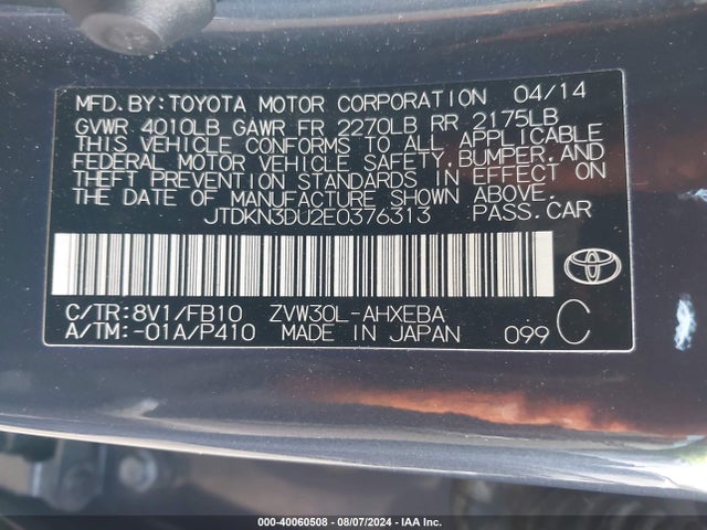 Toyota Prius Two 2014 JTDKN3DU2E0376313 Image 9