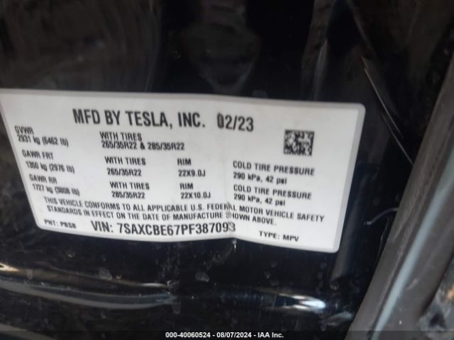 7SAXCBE67PF387093 Tesla Model X Plaid Tri Motor All-wheel Drive