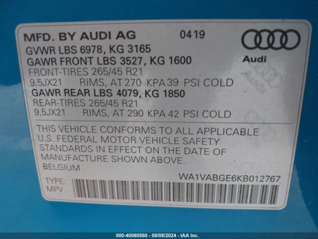 WA1VABGE6KB012767 Audi E-tron Premium Plus