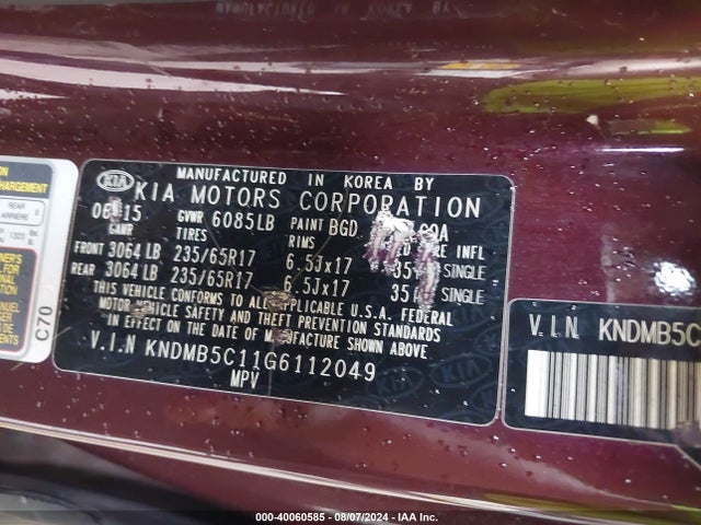 KIA SEDONA LX 2016 KNDMB5C11G6112049 Image 9