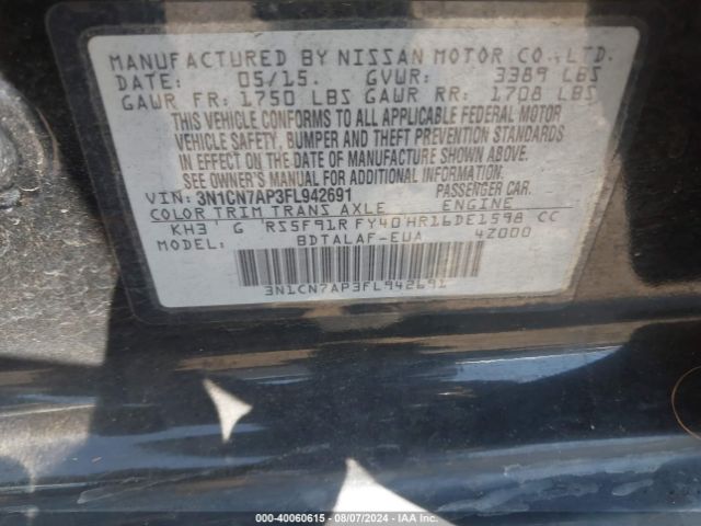 3N1CN7AP3FL942691 Nissan Versa 1.6 S