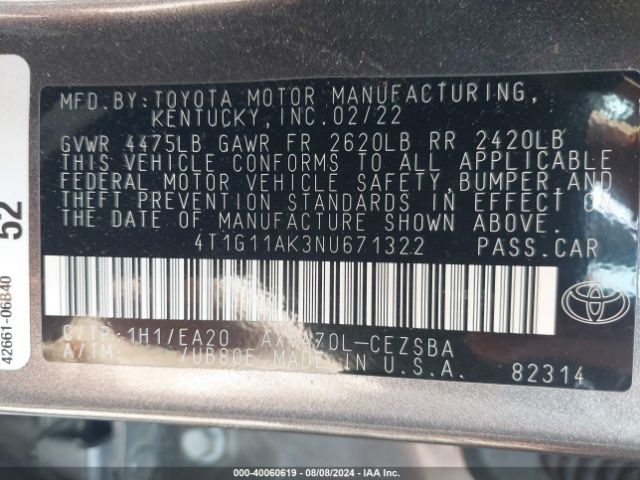 4T1G11AK3NU671322 Toyota CAMRY SE