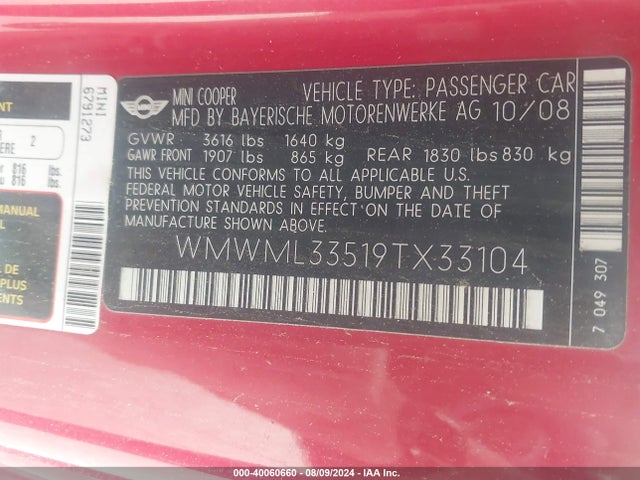 2009 MINI COOPER CLUBMAN WMWML33519TX33104 Photo 8