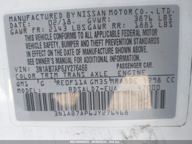 Nissan SENTRA SV 2018 3N1AB7AP6JY276468 Image 9