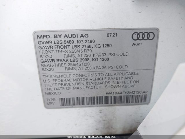 WA1BAAFY2M2130942 Audi Q5 Premium Plus 45 Tfsi Quattro S Tronic