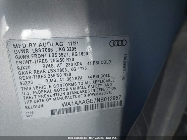 WA1AAAGE7NB012967 Audi E-tron Premium Quattro