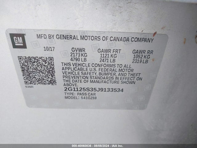 Chevrolet IMPALA 2LZ 2018 2G1125S35J9133534 Image 9