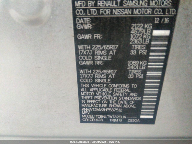Nissan ROGUE SV 2017 KNMAT2MV3HP537512 Image 9