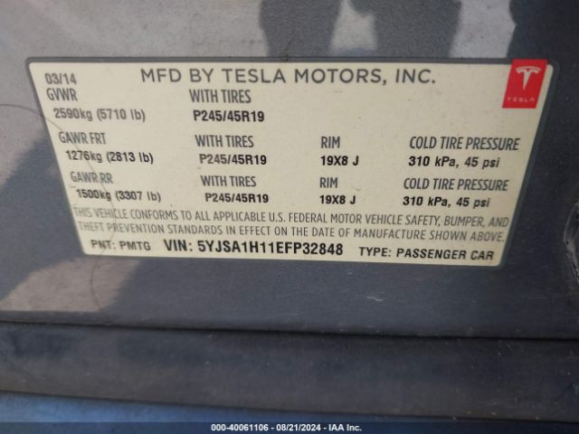 5YJSA1H11EFP32848 Tesla Model S P85