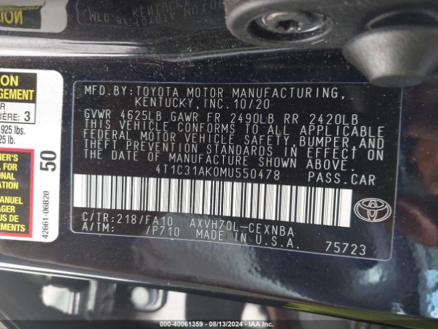 4T1C31AK0MU550478 Toyota Camry Le Hybrid