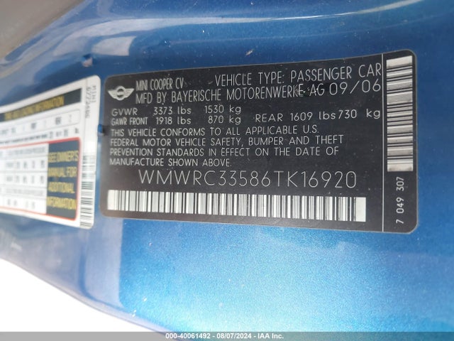 2006 MINI COOPER WMWRC33586TK16920 Photo 8