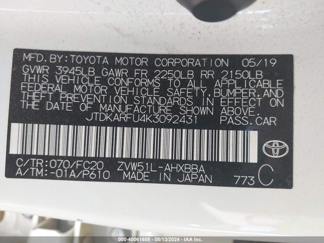 Toyota Prius L Eco 2019 JTDKARFU4K3092431 Image 9
