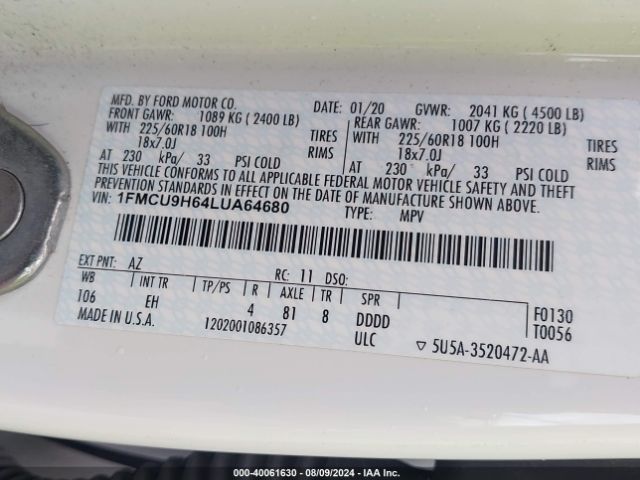 1FMCU9H64LUA64680 Ford ESCAPE SEL