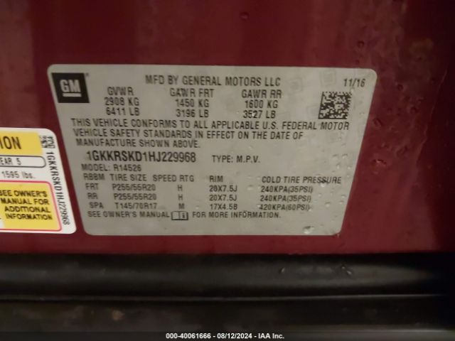 1GKKRSKD1HJ229968 GMC Acadia Limited