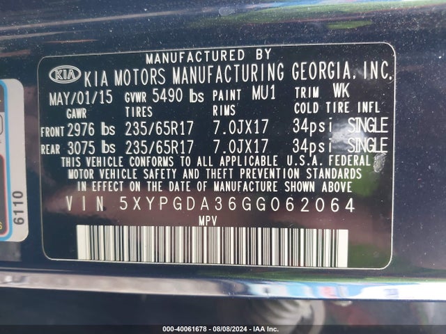 KIA Sorento 2.4l Lx 2016 5XYPGDA36GG062064 Image 9