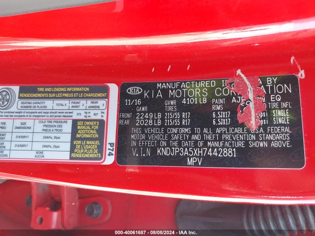 KIA SOUL + 2017 KNDJP3A5XH7442881 Image 9