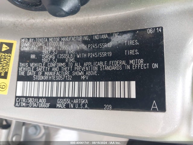 5TDDKRFH1ES057132 Toyota Highlander Limited V6