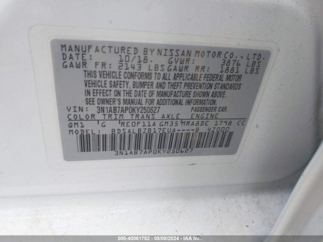 Nissan SENTRA S 2019 3N1AB7AP0KY250627 Image 9