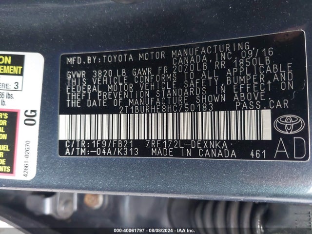 Toyota COROLLA LE 2017 2T1BURHE8HC750183 Image 9