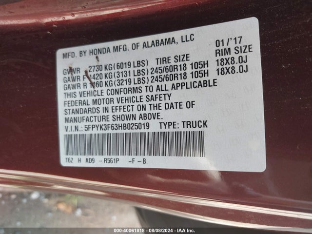 Honda Ridgeline Rtl-t 2017 5FPYK3F63HB025019 Image 9