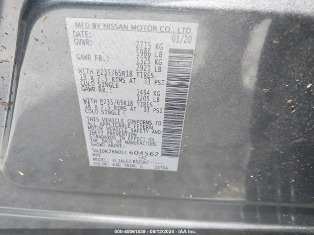 5N1DR2BN0LC604562 Nissan Pathfinder Sv 2wd