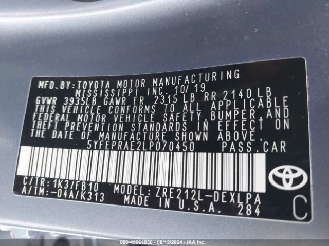 5YFEPRAE2LP070450 Toyota COROLLA LE