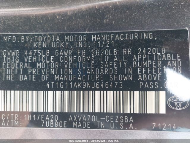4T1G11AK9NU646473 Toyota CAMRY SE