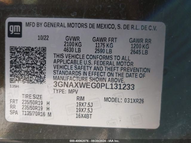 3GNAXWEG0PL131233 Chevrolet Equinox Awd Rs