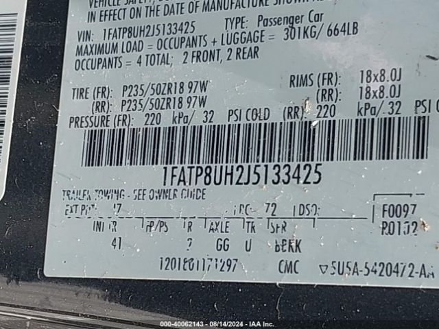 1FATP8UH2J5133425 Ford Mustang Ecoboost Premium