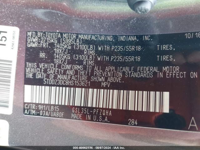 5TDDZ3DC8HS153621 Toyota Sienna Limited Premium 7 Passenger