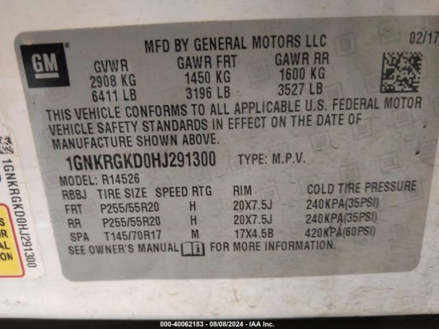 1GNKRGKD0HJ291300 Chevrolet Traverse 1lt