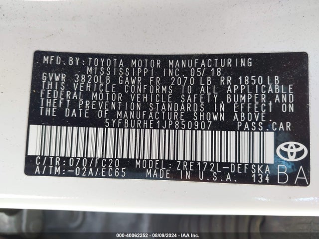 Toyota COROLLA SE 2018 5YFBURHE1JP850907 Image 9
