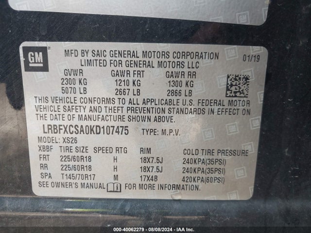 LRBFXCSA0KD107475 Buick Envision Fwd Essence