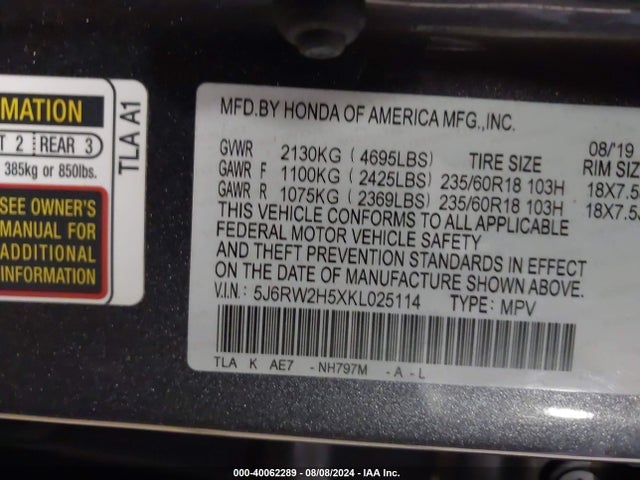 Honda CR-V EX 2019 5J6RW2H5XKL025114 Image 9