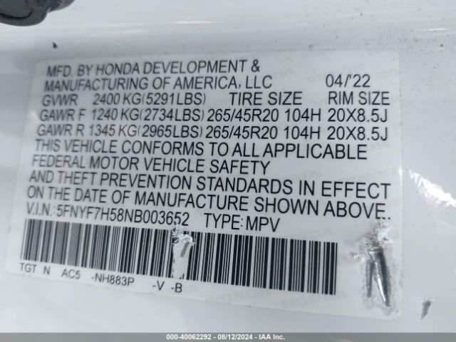 5FNYF7H58NB003652 Honda Passport 2wd Ex-l