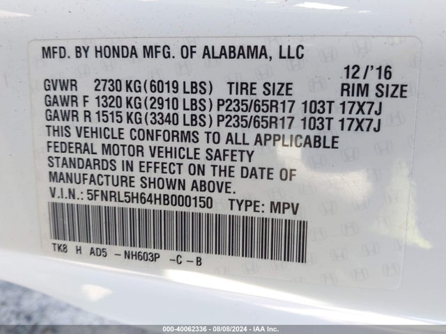 Honda Odyssey Ex-l 2017 5FNRL5H64HB000150 Image 9