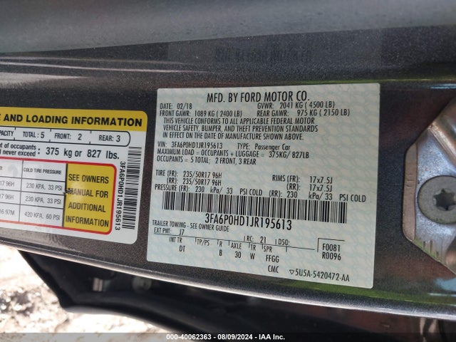 Ford FUSION SE 2018 3FA6P0HD1JR195613 Image 9