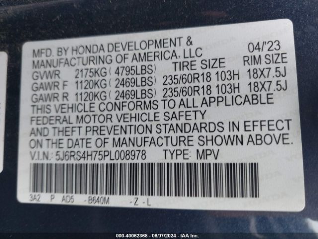 5J6RS4H75PL008978 Honda Cr-v Ex-l Awd