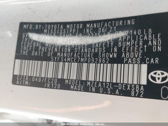 Toyota COROLLA SE 2021 5YFS4MCE7MP092862 Image 9