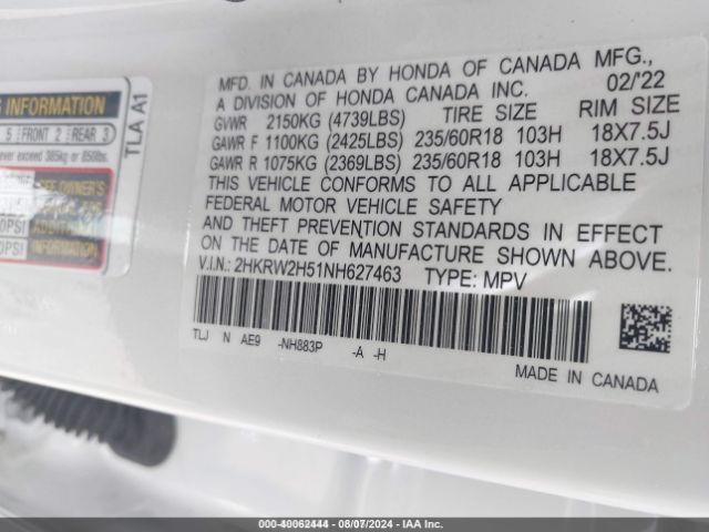 2HKRW2H51NH627463 Honda Cr-v Awd Ex
