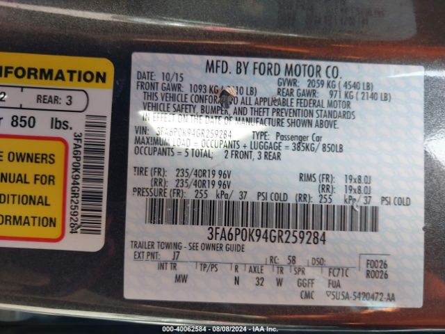 3FA6P0K94GR259284 Ford Fusion Titanium