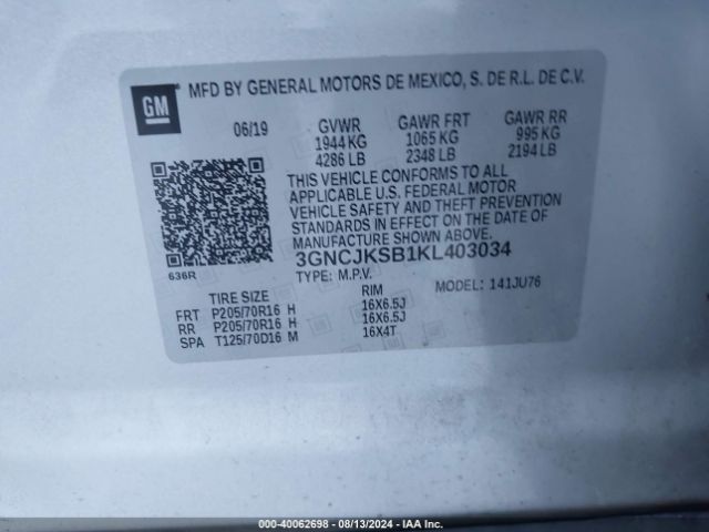3GNCJKSB1KL403034 Chevrolet TRAX LS