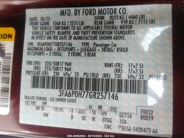 Ford FUSION SE 2016 3FA6P0H77GR257146 Image 9